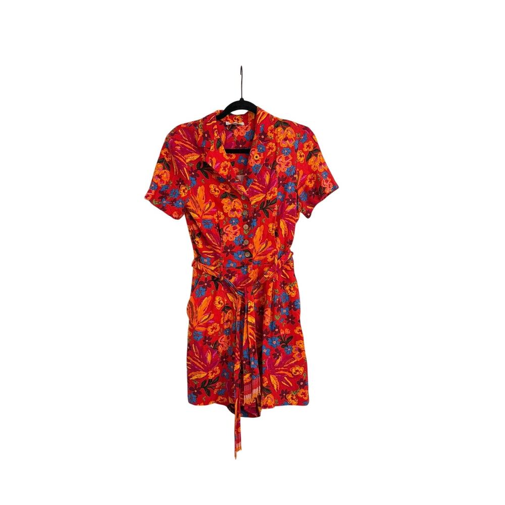 Maison d'Amelie Vibrant Tropical Floral Button Front Tie Waist Romper XS